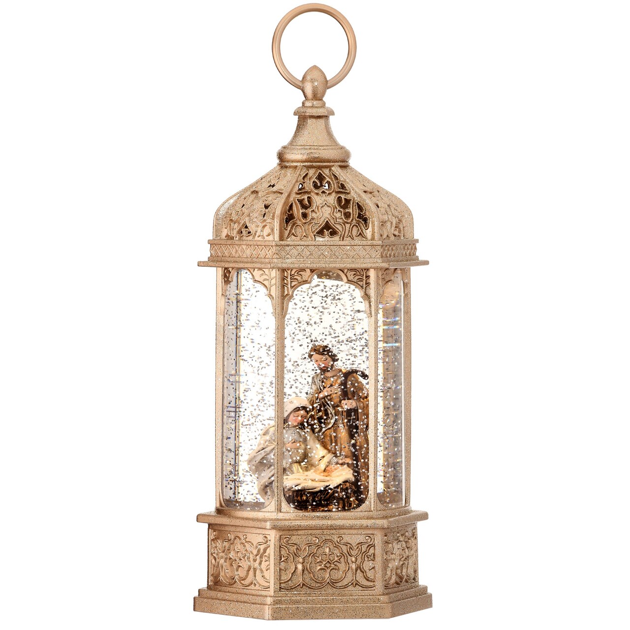 Contemporary Home Living 11.5" Gold LED Lighted Nativity Byzantine Lantern Christmas Snow Globe